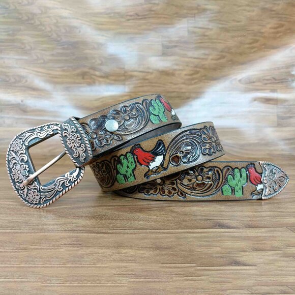 Premium Western Tooled Belt, Floral Rooster Belt for Unisex, Embossed Belt - Picture 3 of 12